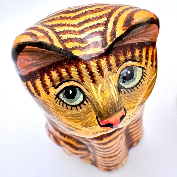 Hand-Painted Ceramic Striped Cat Figurines Set Of 2 Handmade In Kashmir Gift - Picture 13 of 14